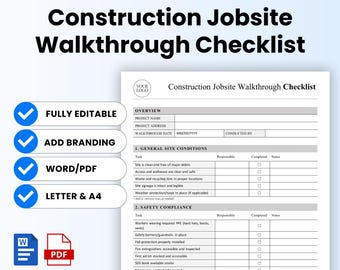 May include: A printable construction jobsite walkthrough checklist template. The document includes sections for general site conditions and safety compliance. Features include fully editable, add branding, Word/PDF, and Letter & A4.