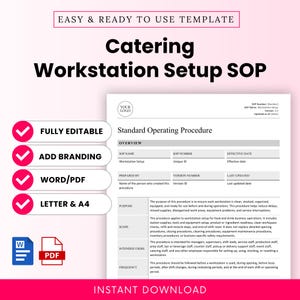 Op de afbeelding: Een digitaal sjabloon voor een Catering Workstation Setup SOP-document. De pagina bevat secties voor overzicht, doel, reikwijdte, beoogde gebruikers en frequentie. Inclusief roze vinkjes en iconen voor Word- en PDF-bestandsformaten.