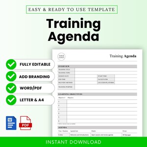 May include: A white training agenda template with the title "Training Agenda" in bold black letters. The template includes sections for overview, learning objectives, and agenda details. Features include "Fully Editable," "Add Branding," and "Word/PDF."
