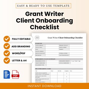 Op de afbeelding: Een Grant Writer Client Onboarding Checklist sjabloon met een witte achtergrond en oranje accenten. De checklist bevat secties voor klantinformatie, onboardingstatus en pre-onboardingtaken. Tekst bevat "Volledig bewerkbaar", "Branding toevoegen" en "Direct downloaden".