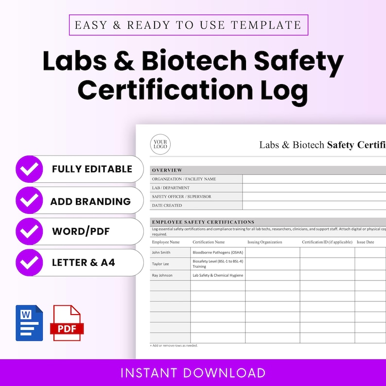 Labs and Biotech Safety Certification Log Template – Word & PDF, A4 ...
