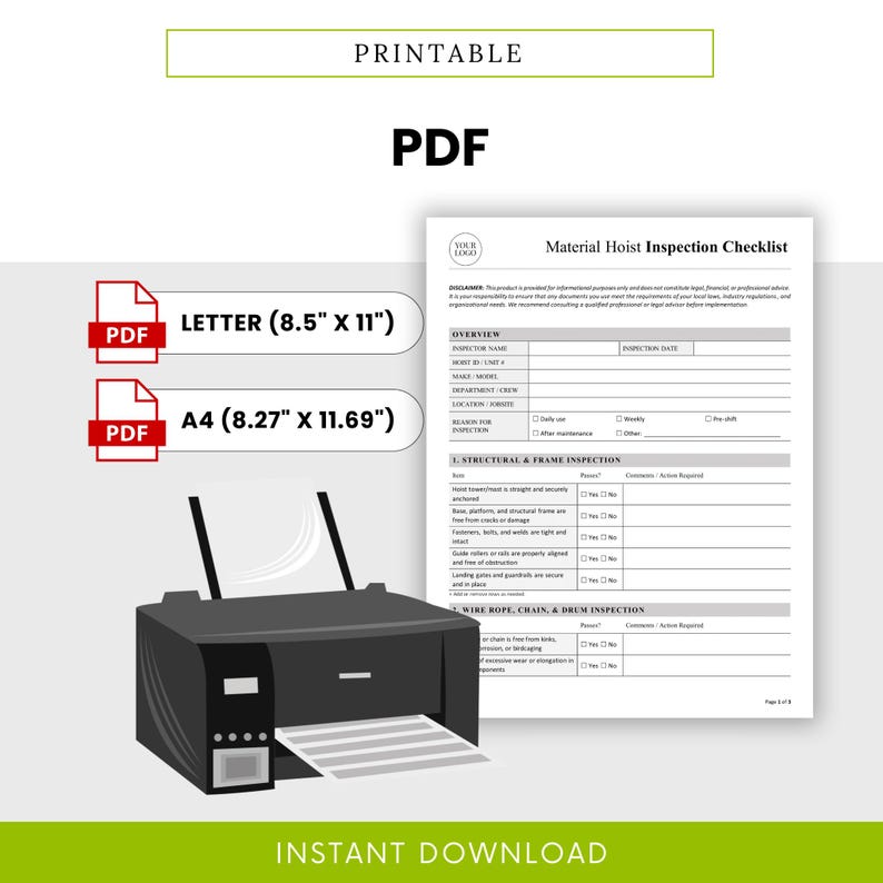 Graphic highlighting printable PDF version of the checklist in both Letter and A4 formats. Includes visual of printer outputting the form, reinforcing ease of printing for field or onsite use.