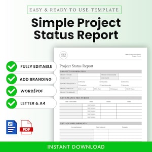 Simple Project Status Report Template (Word, PDF) | Project Update Template, Progress Report, Work Activity Report, Work Progress Summary