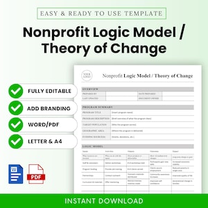 May include: A digital template for a Nonprofit Logic Model / Theory of Change. The document is fully editable, allows for branding, and is available in Word/PDF formats, and Letter & A4 sizes. The template includes sections for program summary and logic model.