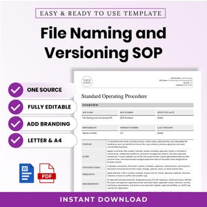 Op de afbeelding: Een digitaal sjabloon voor een SOP-document voor bestandsnaamgeving en versiebeheer. De lay-out bevat secties voor Overview, Purpose, Scope, Intended Users, Frequency en Requirements. Het bevat paarse vinkjes en Word- en PDF-pictogrammen.