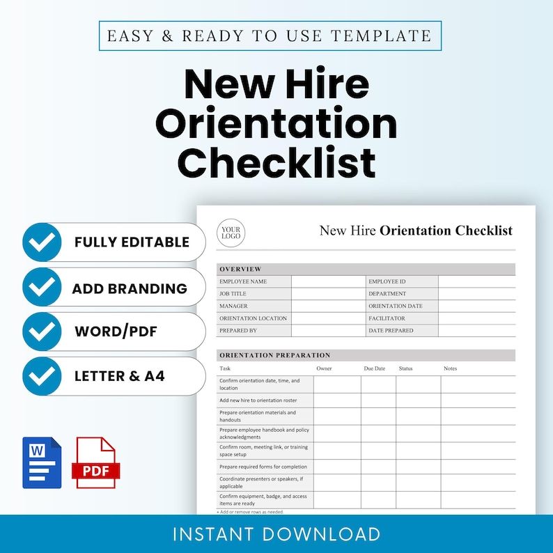 New Hire Orientation Checklist Template – Word & PDF, A4 + US Letter - Etsy