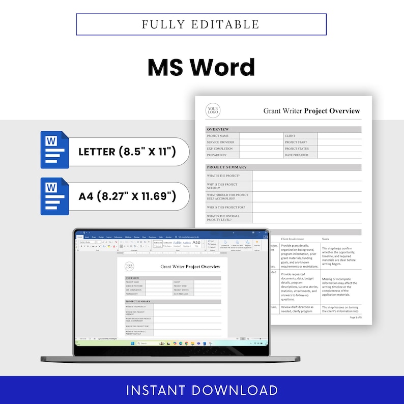 Grant Writer Project Overview Template – Word & PDF, A4 + US Letter ...