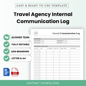 Pode incluir: Um modelo digital para um registo de comunicação interna de agência de viagens com cabeçalho para logótipo, secção de resumo para data, período, departamento e localização, e uma grelha para rastrear detalhes e ações.