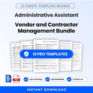 Puede incluir: Un paquete de documentos digitales titulado Ultimate Template Bundle para la gestión de proveedores y contratistas por parte de asistentes administrativos. Incluye 12 plantillas profesionales, como informes de abastecimiento, en formatos Word y PDF, totalmente editables para tamaños carta y A4, con descarga instantánea.