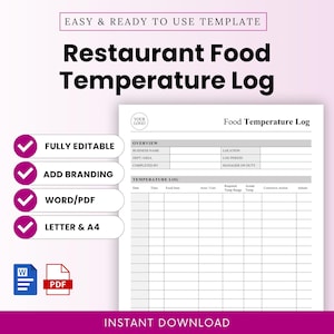 May include: A restaurant food temperature log template with the text "Restaurant Food Temperature Log" in bold black letters. The template includes sections for overview, temperature log, and is fully editable in Word/PDF format. The design is on a white background with a pink border.