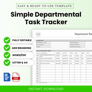 May include: A simple, ready-to-use departmental task tracker template. The document is fully editable, allows for branding, and is available in Word and PDF formats. It includes sections for task descriptions, due dates, and progress tracking.