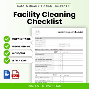 Peut inclure: Modèle de liste de contrôle de nettoyage des locaux, imprimable, avec un design vert et blanc. La liste comprend des sections pour le nom de l'établissement, la date de nettoyage et les tâches. Modèle modifiable en formats Word/PDF.