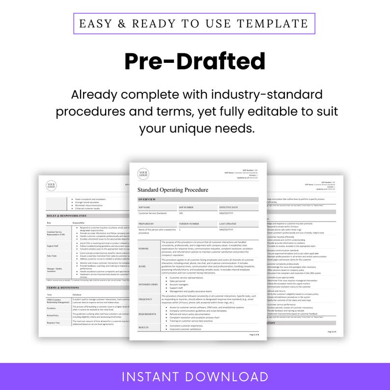 Pre-drafted customer service SOP template featuring professional language and ready-to-use procedures. Complete with editable fields for customization to match your organization’s standards.
