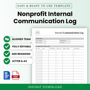 Pode incluir: Um modelo digital para um registo de comunicação interna sem fins lucrativos, com um documento branco e texto preto, incluindo secções para data, período, preparado por, departamento, equipa, localização e uma grelha para detalhes.