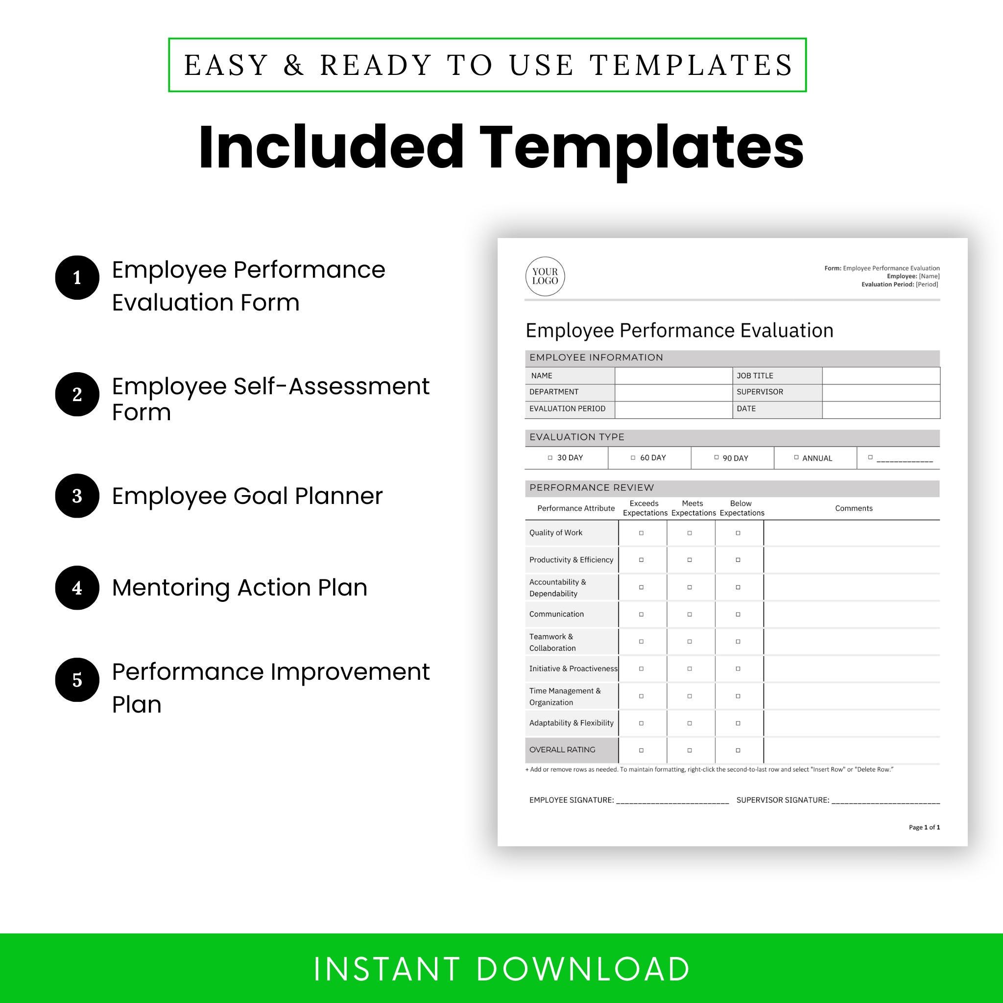 Employee Performance Templates Bundle (word & PDF) | Simple Performance ...