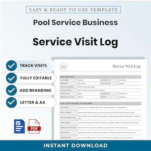Op de afbeelding: Een digitaal sjabloon voor een zwembadservicebezoeklogboek. Het document bevat secties voor logboekdetails, klantinformatie en invoernormen. Het beschikt over tekstvelden voor het bijhouden van bezoeken, is bewerkbaar en beschikbaar in Letter- en A4-formaat.