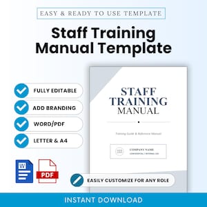 Peut inclure: Un modèle de manuel de formation du personnel avec le texte Staff Training Manual, Training Guide & Reference Manual, Company Name et Confidential/Internal Use. Inclut des icônes Word et PDF, ainsi que des étiquettes pour modifiable et A4/Letter.