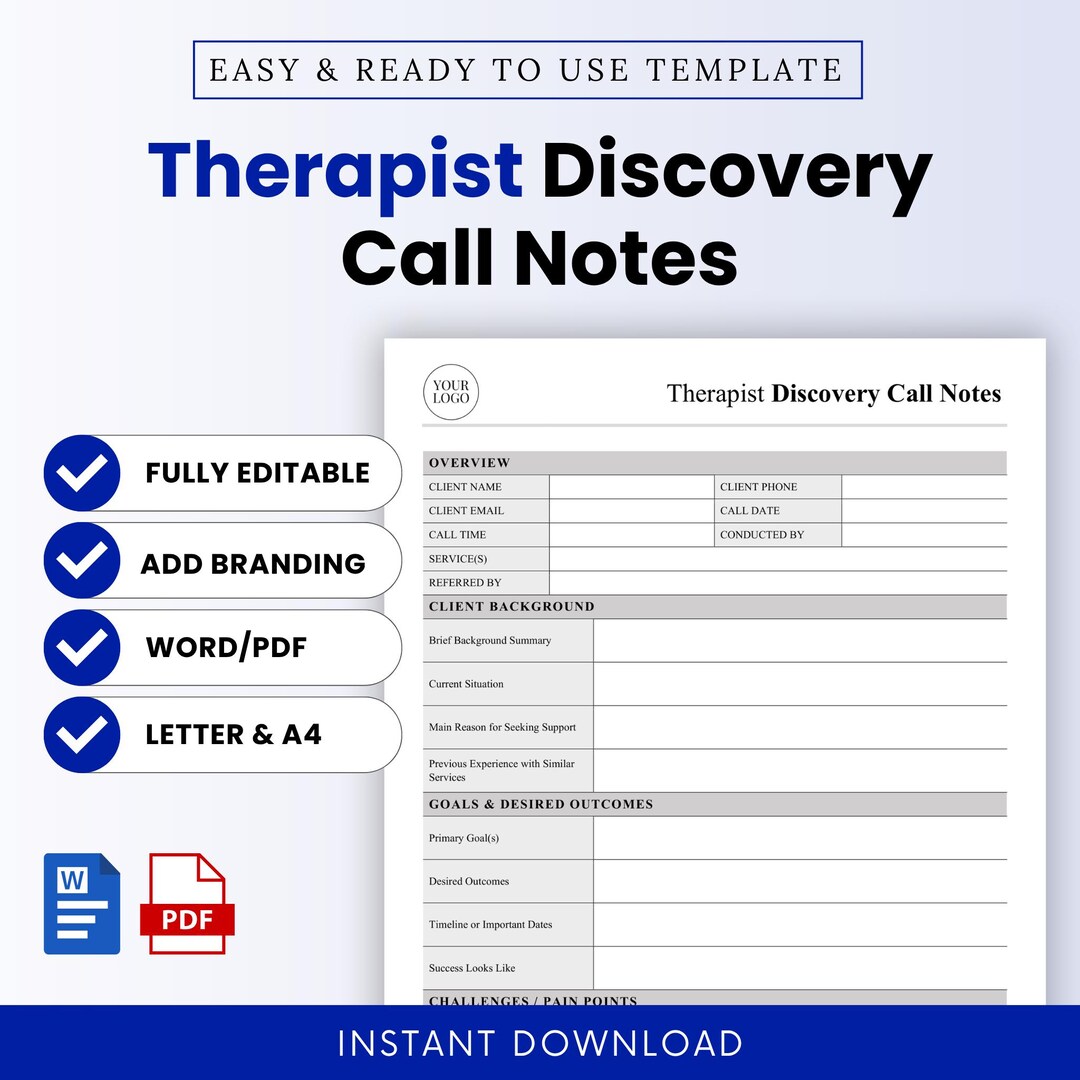 Call Notes Tempate Therapist Discovery Call Notes Template – Word & PDF, A4 + US Letter - Etsy