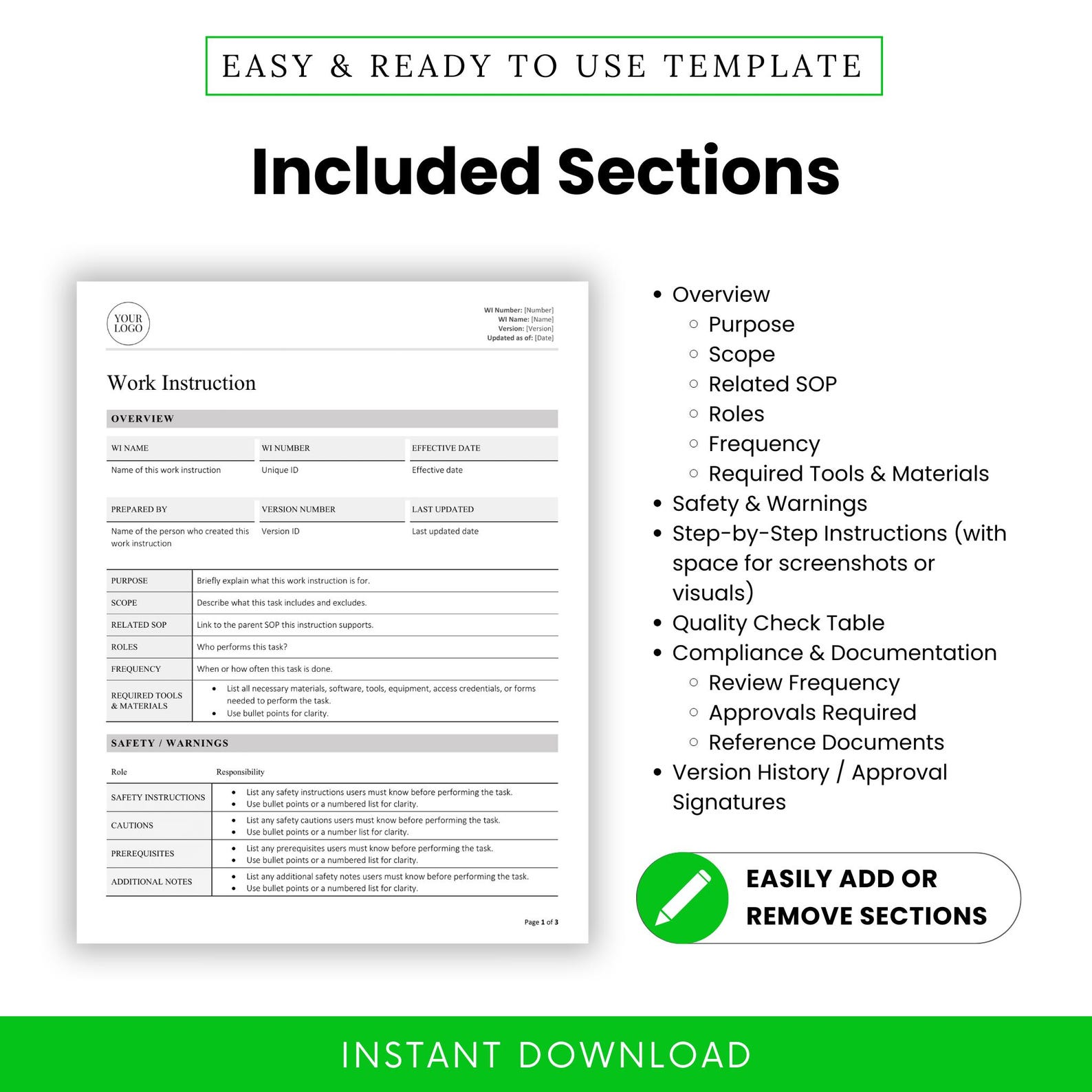 Simple Work Instruction Template (word, PDF) | Simple WI Template ...