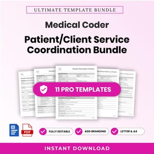 Puede incluir: Un paquete de plantillas digitales para codificadores médicos que incluye un conjunto de coordinación de servicios al paciente y cliente. Los documentos incluyen una lista de verificación de admisión, un rastreador de seguimiento y un formulario de solicitud. Incluye 11 plantillas profesionales editables en Word y PDF, personalizables y disponibles en tamaños carta y A4.