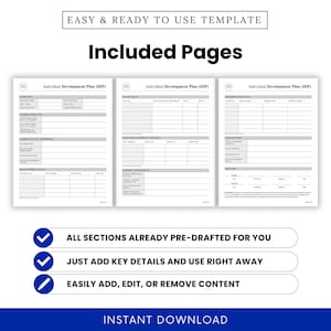 individual development plan pages preview, IDP template multi page layout, employee growth planner sheets, HR performance review document pages, career planning printable