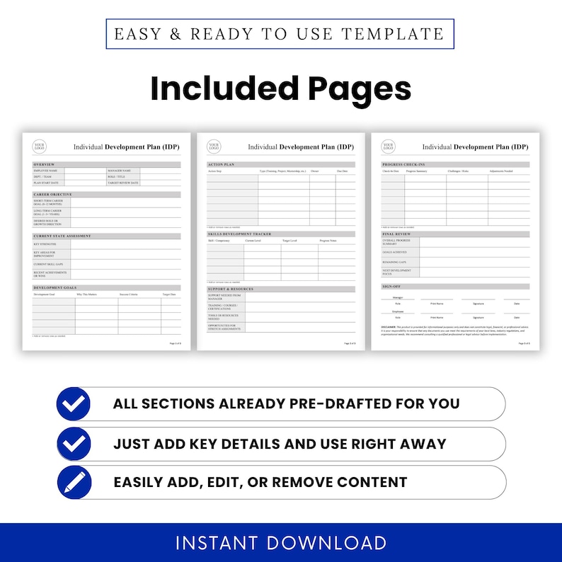 individual development plan pages preview, IDP template multi page layout, employee growth planner sheets, HR performance review document pages, career planning printable