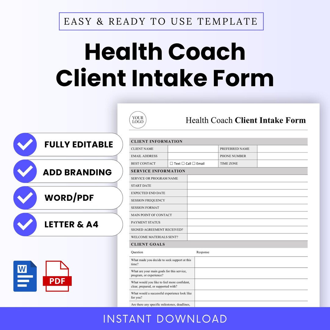 Health Coach Client Intake Form Template – Word & PDF, A4 + US Letter ...