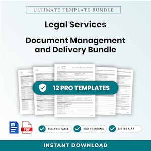 Op de afbeelding: Een digitaal pakket met 12 juridische sjablonen voor documentbeheer en -levering. Bevat een aanvraagchecklist, verzendformulier en ontvangstlogboek. Compatibel met Word en PDF, bewerkbaar en aanpasbaar voor letter- en A4-formaten.