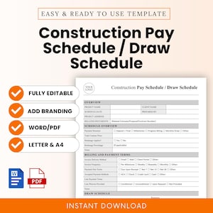 Puede incluir: Una plantilla imprimible de calendario de pagos de construcción con fondo blanco. El documento incluye secciones para detalles del proyecto, descripción general del calendario, términos de facturación y pago, y un calendario de pagos. Totalmente editable.