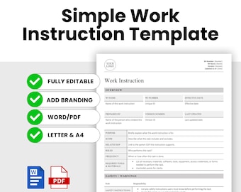 Simple Work Instruction Template (Word, PDF) | Simple WI Template | Human Resources Business Document, Process Document, Operations Guide