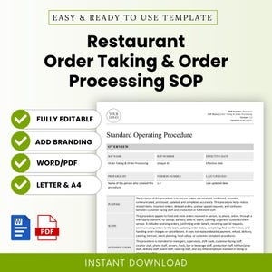 May include: A digital template for a Restaurant Order Taking and Order Processing Standard Operating Procedure. The document includes sections for overview, purpose, scope, and intended users, with icons for Word and PDF file formats.
