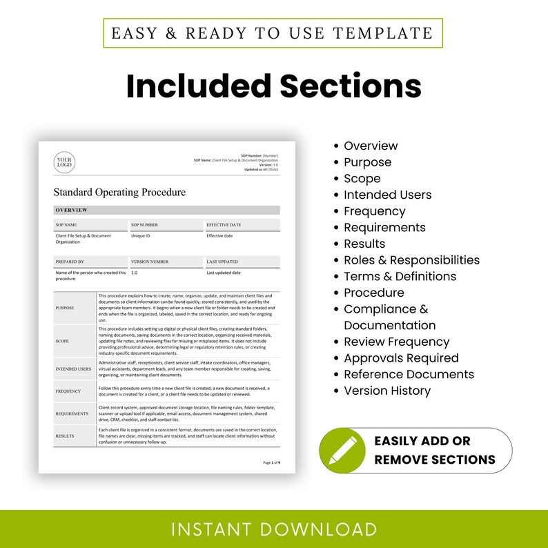 Bookkeeping Client File Setup and Document Organization Template with included sections such as overview, purpose, scope, intended users, roles and responsibilities, terms and definitions, procedure, compliance documentation, and version history. This editable SOP template is ideal for independent bookkeepers, virtual bookkeeping businesses, office managers, and bookkeeping support teams that want an easy-to-customize filing process.