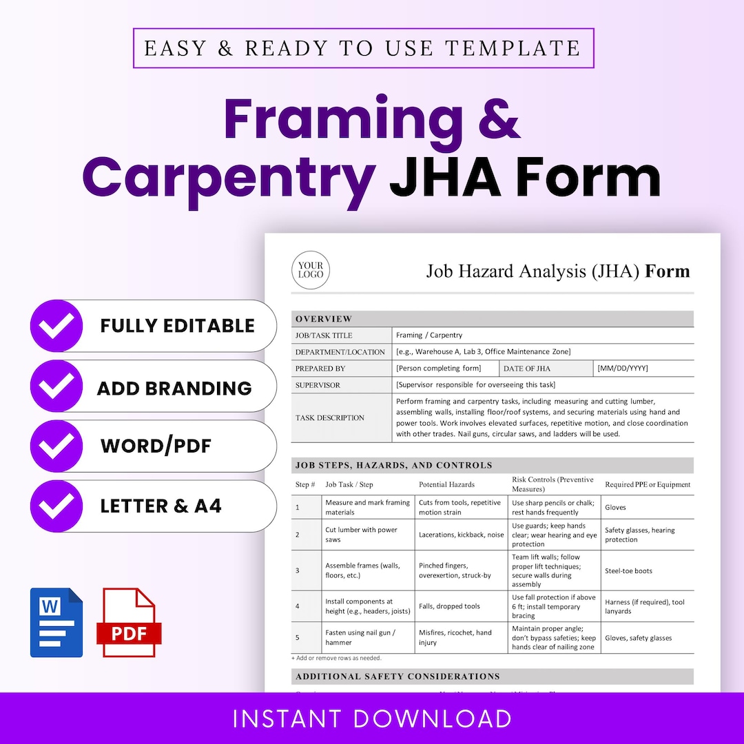 Framing and Carpentry Job Hazard Analysis (JHA) Form Template – Word ...