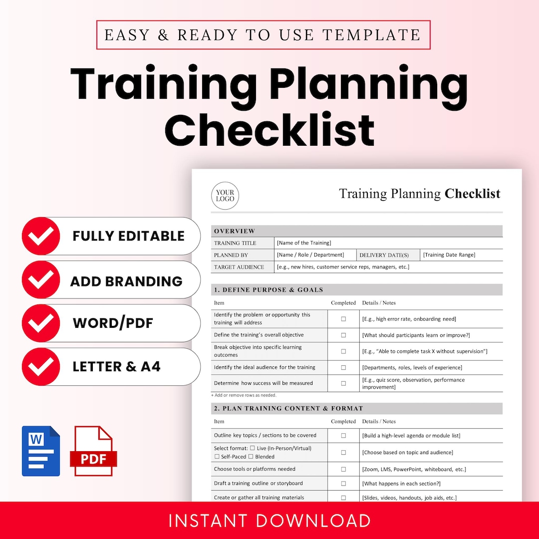 Training Planning Checklist Template – Word & PDF, A4 + US Letter - Etsy