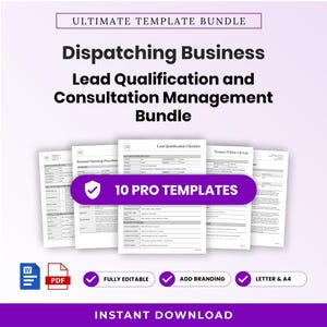 May include: A digital template bundle featuring the text Ultimate Template Bundle, Dispatching Business Lead Qualification and Consultation Management Bundle, and 10 Pro Templates. Includes Word and PDF icons, plus editable, branding, and letter/A4 labels.
