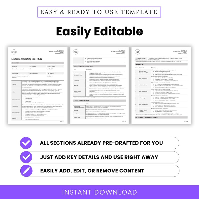 Fully editable customer service standard operating procedure with all sections pre-filled. Easy to update, add, or remove content to match company-specific customer service policies.
