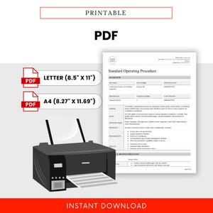 Promotional image showing the template ready for print in both US Letter and A4 PDF formats with printer illustration, emphasizing instant download and compatibility.