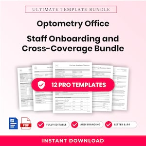 Op de afbeelding: Een digitaal documentenpakket genaamd Ultimate Template Bundle voor onboarding van personeel en cross-coverage in optiekpraktijken. Het bevat 12 professionele, volledig bewerkbare sjablonen met opties voor branding en is direct te downloaden.