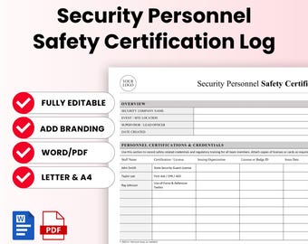 Security Personnel Safety Certification Log Template – Word & PDF, A4 + US Letter