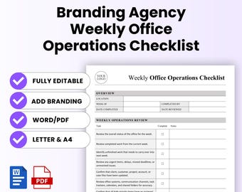 Branding Agency Weekly Office Operations Checklist Template – Word & PDF, A4 + US Letter