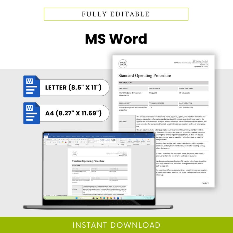Bookkeeping Client File Setup & Document Organization Template Word version shown in Microsoft Word with editable Letter and A4 document sizes. This editable bookkeeping business template helps teams customize client file procedures, add branding, update responsibilities, and create a professional document storage workflow for bookkeeping clients.