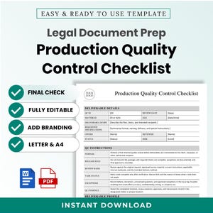 Può includere: Un modello digitale per una lista di controllo della qualità di produzione per la preparazione di documenti legali. Il documento include sezioni per i dettagli dei deliverable e le istruzioni QC, con icone Word e PDF. Il testo include Final Check, Fully Editable, Add Branding e Letter & A4.