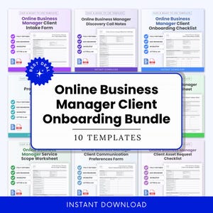 May include: A bundle of 10 online business manager client onboarding templates. The templates include forms for intake, discovery calls, onboarding checklists, service scope, communication preferences, and asset requests. The bundle is fully editable and available in Word/PDF formats.