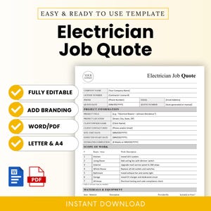 Op de afbeelding: Een sjabloon voor een elektricien offerte met de titel "Electrician Job Quote" in grote, vette letters. De sjabloon bevat secties voor bedrijfsinformatie, projectdetails, de scope van het werk en materialen. Volledig bewerkbaar in Word/PDF.