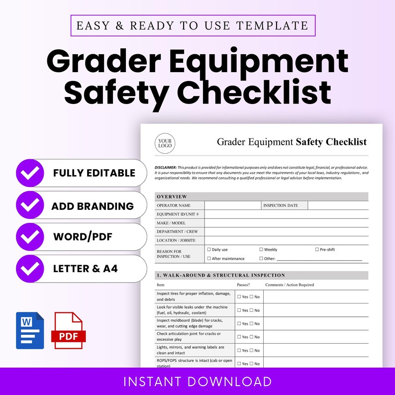 Grader Equipment Safety Checklist Template – Word & PDF, A4 + US Letter ...