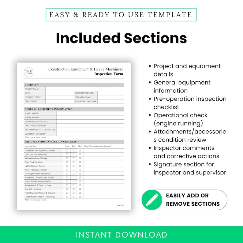 Construction Equipment and Heavy Machinery Inspection Form Template ...