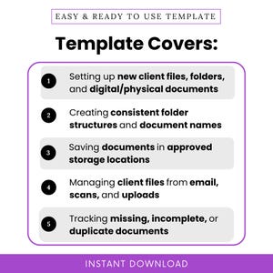 Simple Virtual Assistant Client File Setup & Document Organization SOP Template showing a clear process for creating client folders, organizing digital and physical documents, setting up folder structures, saving files in approved locations, and tracking missing or duplicate records. This virtual assistant business template helps teams manage client instructions, project files, recurring task documents, meeting notes, checklists, reports, and uploaded materials more consistently.