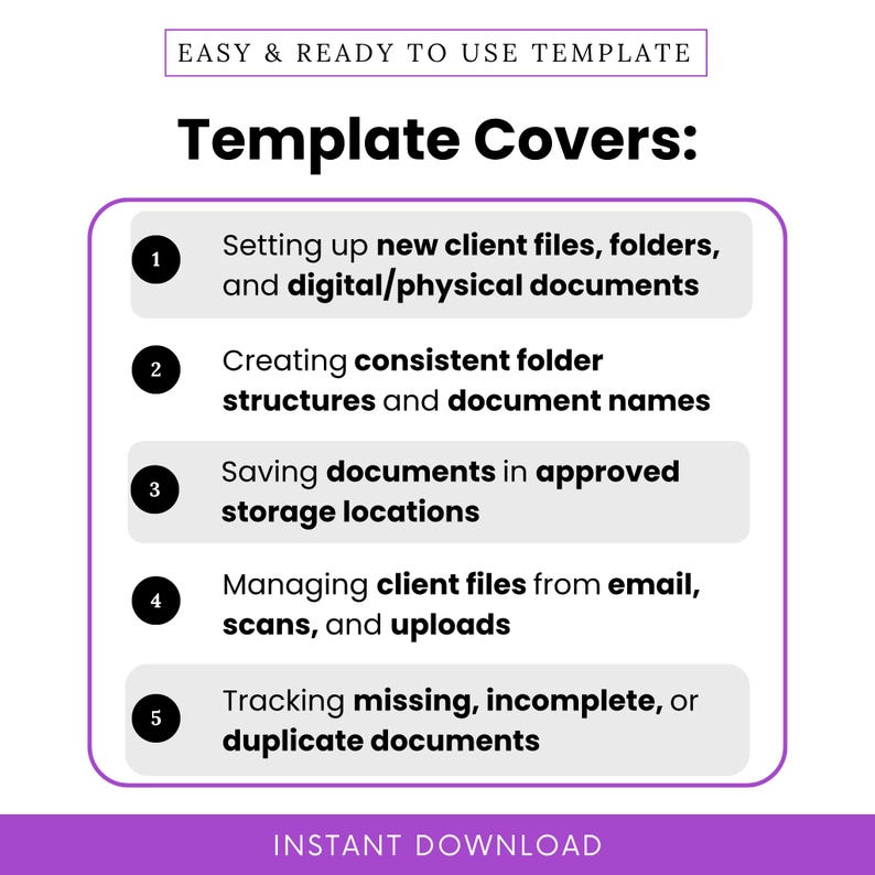 Simple Virtual Assistant Client File Setup & Document Organization SOP Template showing a clear process for creating client folders, organizing digital and physical documents, setting up folder structures, saving files in approved locations, and tracking missing or duplicate records. This virtual assistant business template helps teams manage client instructions, project files, recurring task documents, meeting notes, checklists, reports, and uploaded materials more consistently.