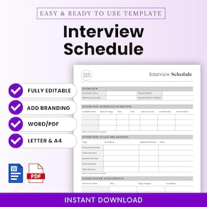Könnte beinhalten: Eine weiße und graue Vorlage für einen Interviewplan mit dem Titel "Interview Schedule" in großen, fetten schwarzen Buchstaben. Enthält Abschnitte für Übersicht, Interviewplanübersicht und Interviewerzuweisungen. Enthält bearbeitbare Optionen.
