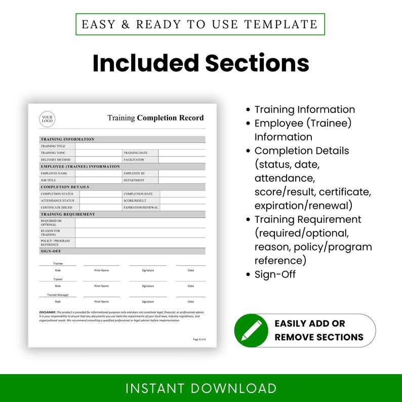 Training Completion Record Template – Word & PDF, A4 + US Letter - Etsy UK